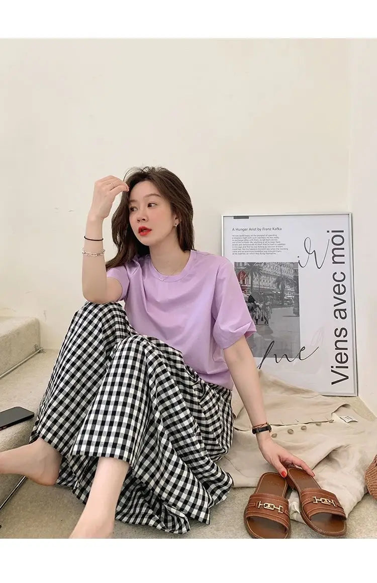 Pantaloni scozzesi a gamba larga da donna Pantaloni larghi stile coreano con pannelli Pantaloni streetwear Pantalones Abbigliamento estivo A-line Adolescenti College