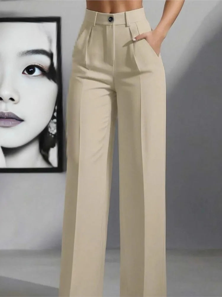 Pantaloni larghi pieghettati a vita alta da donna casual in tinta unita Pantaloni da lavoro Primavera Autunno Nuovi pantaloni dritti Pantaloni su misura da ufficio