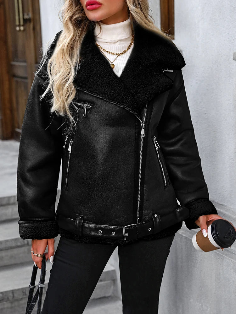 Ailegogo Streetwear Giacca da donna in pelliccia di agnello allentata calda in ecopelle Cintura vintage con cerniera femminile Cappotto spesso chic impiombato