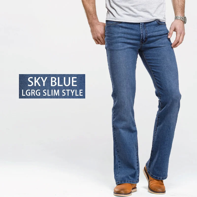 Jeans da uomo con taglio a stivale Pantaloni slim fit blu neri leggermente svasati Pantaloni classici in denim elasticizzato da uomo firmati