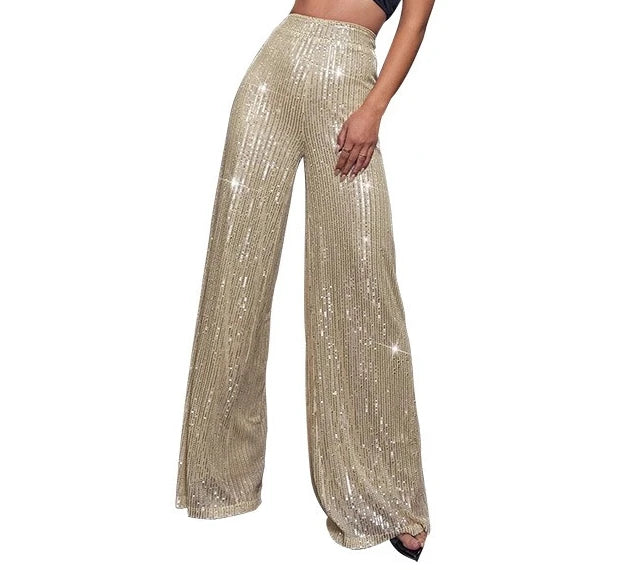 Pantaloni da donna, abbigliamento femminile, vestiti alla moda, pantaloni casual con paillettes, pantaloni eleganti, ampi e fluidi, a gamba larga, hwy5623