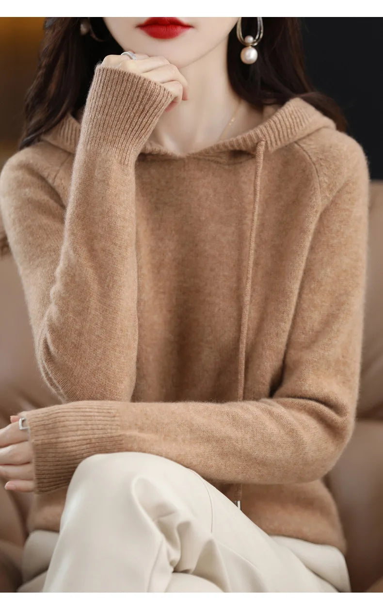 Maglione con cappuccio Moda Donna Autunno Inverno Manica lunga Tinta unita Felpe con cappuccio lavorate a maglia Lady Felpa con cappuccio pullover casual con coulisse allentata