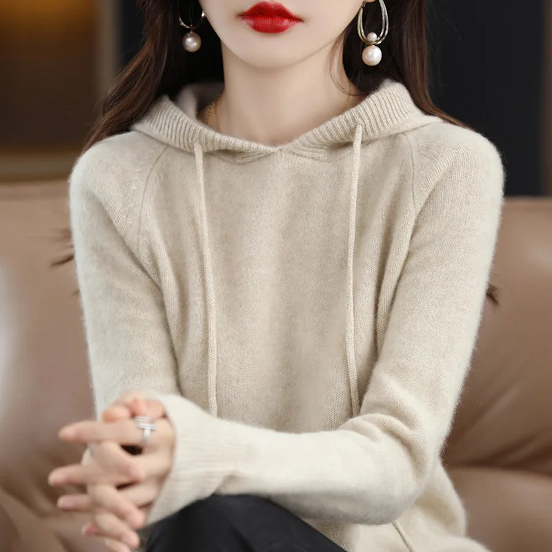 Maglione con cappuccio Moda Donna Autunno Inverno Manica lunga Tinta unita Felpe con cappuccio lavorate a maglia Lady Felpa con cappuccio pullover casual con coulisse allentata