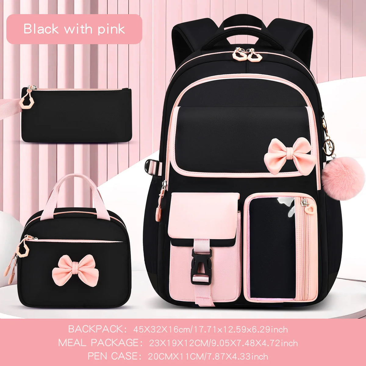 Zaino scolastico elementare multitasche per ragazze, zaino ergonomico impermeabile con fiocco, set di zaini per viaggi all'aperto e uso quotidiano