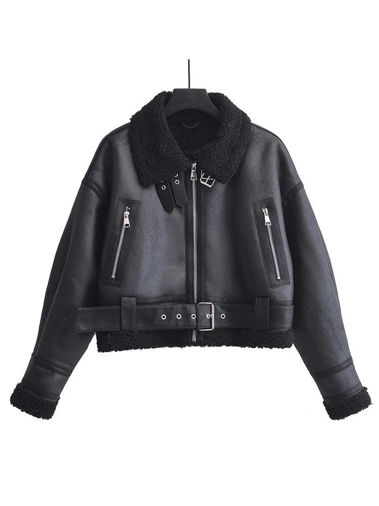Ailegogo Autunno Inverno Donna Caldo sciolto pelliccia di agnello sintetica Cappotto corto Streetwear Cappotto femminile con cerniera retrò Capispalla