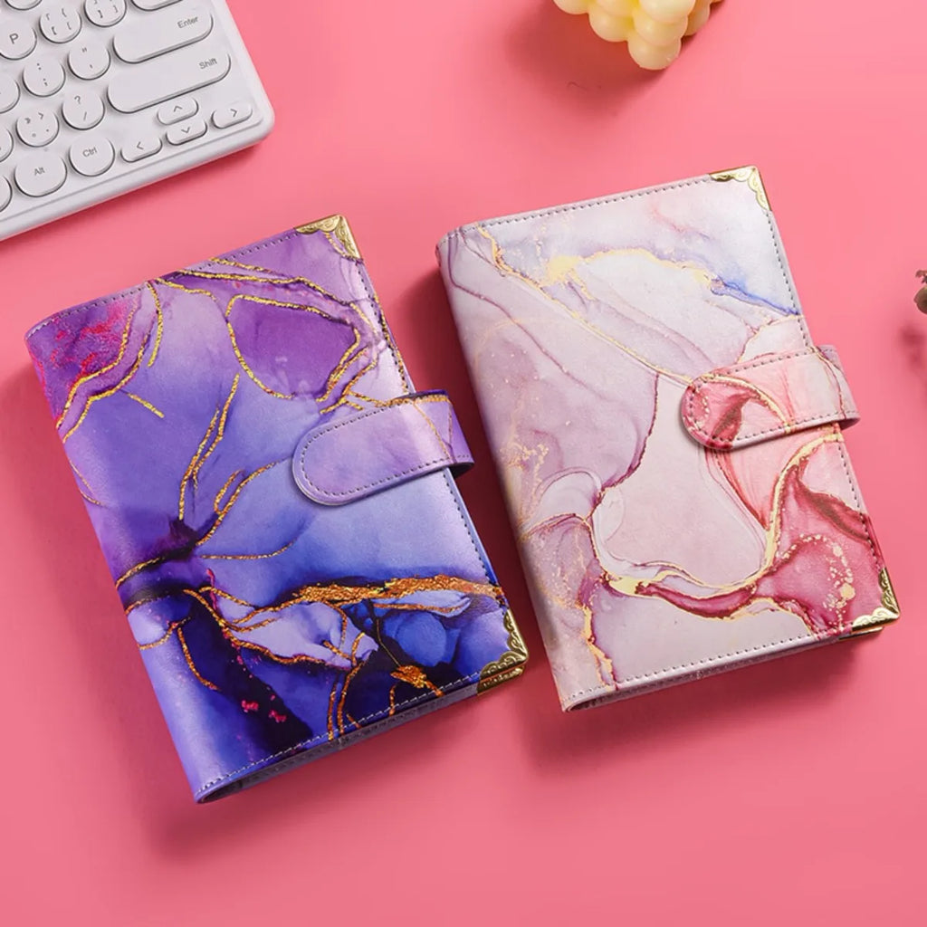 1spc budget card 12 sheets+zipper bag 8 sheets+2 sheets English stickers A6 leather retro marble pattern copper corner accountin
