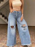Pantaloni a gamba larga con foro ampio retrò a vita alta alla moda da donna Pantaloni lunghi da donna nuovi jeans lavati di colore chiaro
