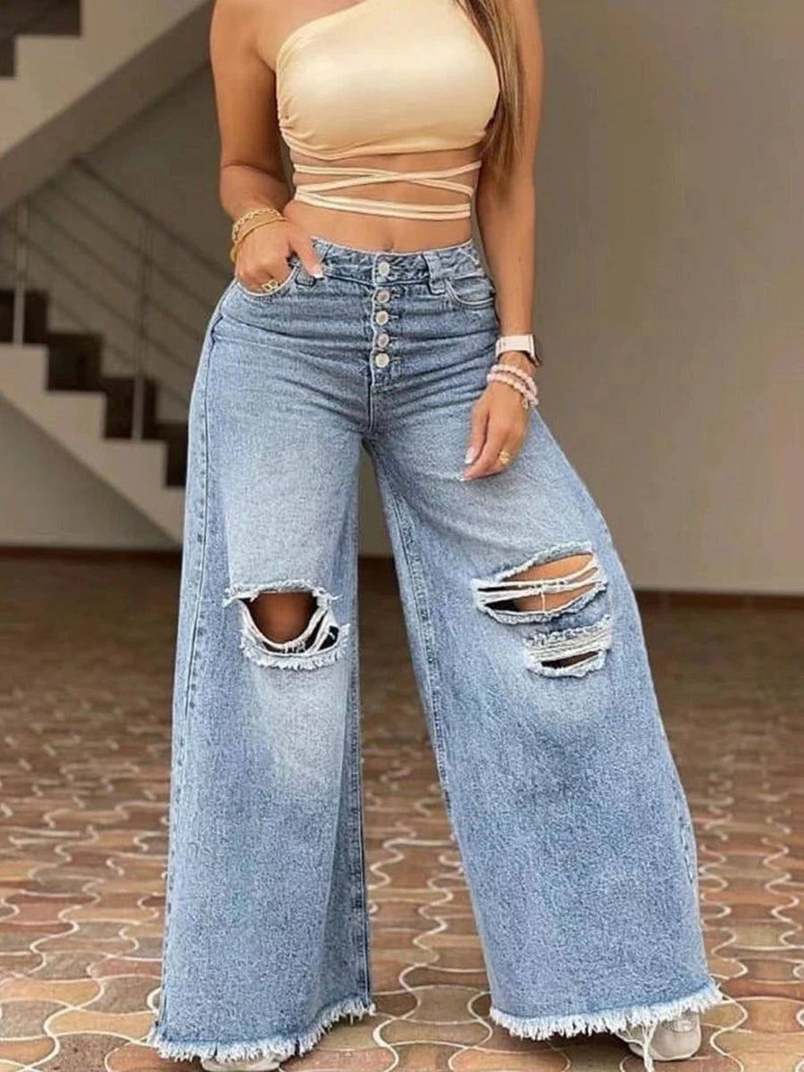 Pantaloni a gamba larga con foro ampio retrò a vita alta alla moda da donna Pantaloni lunghi da donna nuovi jeans lavati di colore chiaro
