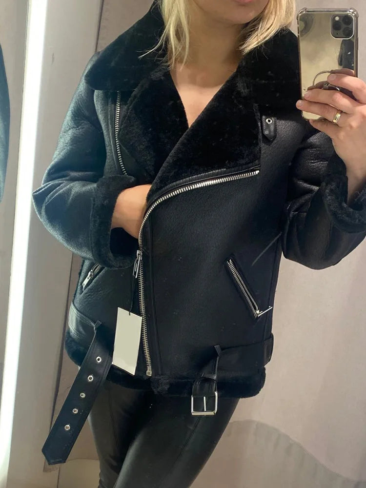 Ailegogo Cappotti invernali Donna Spessore Pelliccia sintetica Pelle di pecora Pelliccia femminile Giacca in pelle Aviator Outwear Casaco Feminino