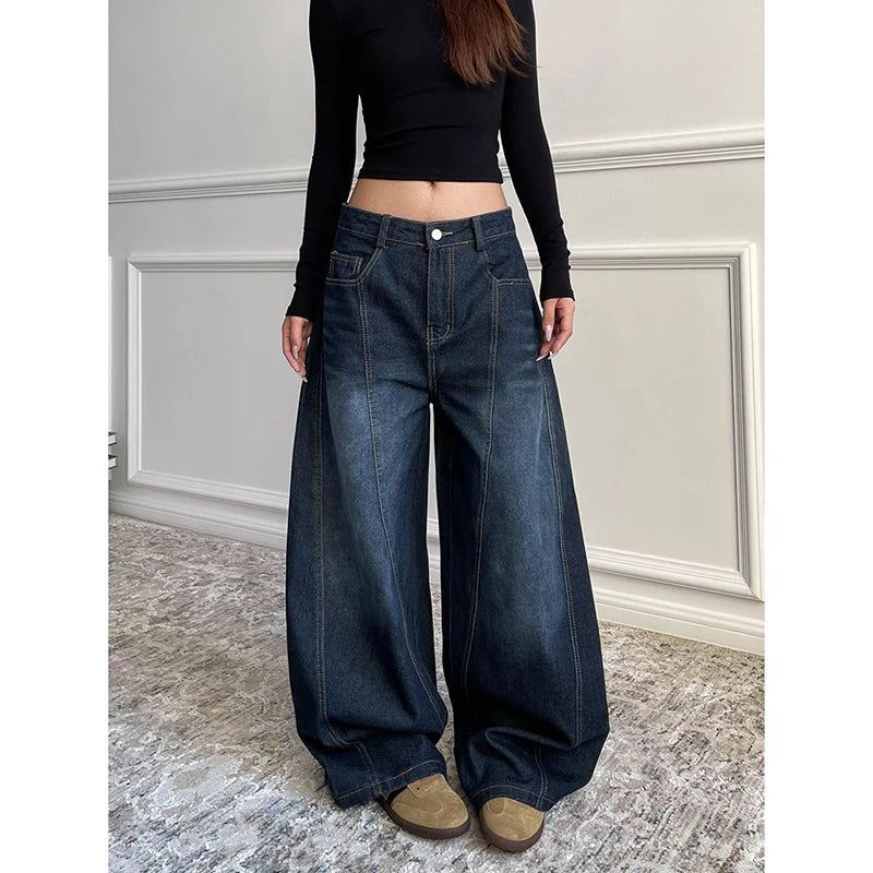 Blu delle Donne Retro Y2K 2000s Gamba Larga Baggy Casual Denim Pantaloni A Vita Alta Jeans Allentati 2024 Autunno Harajuku Pantaloni a Figura Intera