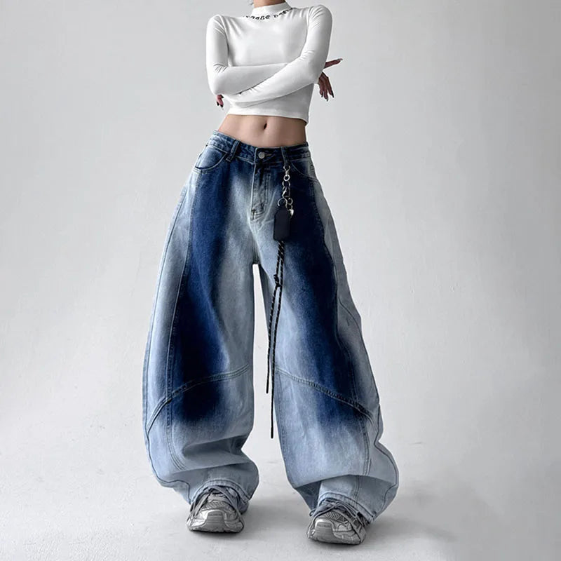 Jeans coreani retrò sfumati per donna Pantaloni a gamba dritta Pantaloni casual a gamba larga Jeans blu Pantaloni Y2k larghi senza pendente