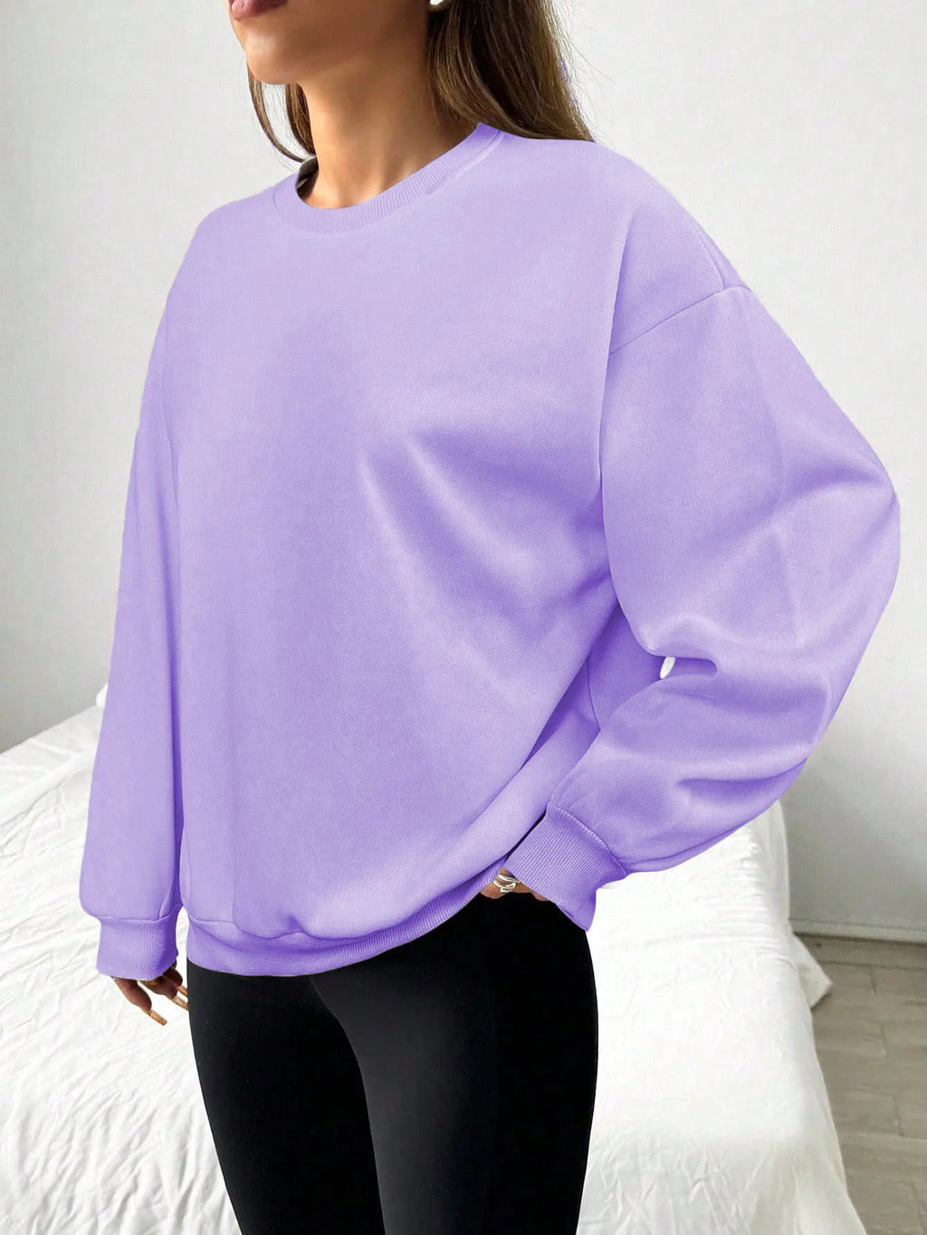 Felpa da donna casual semplice tinta unita ampia a maniche lunghe versione oversize o-collo top basic primavera/autunno streetwear