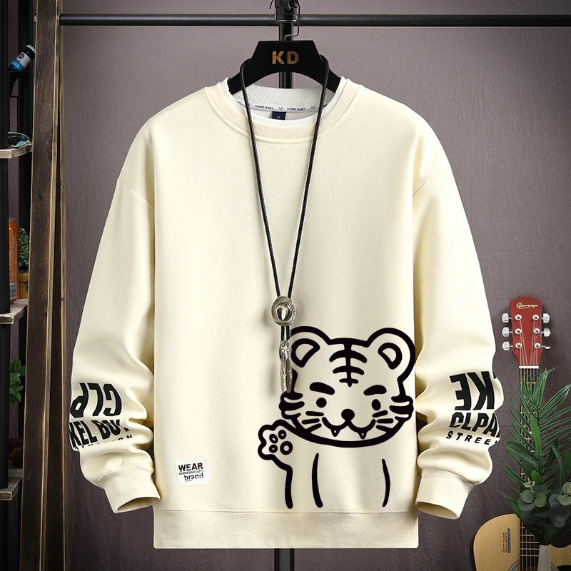 Felpa da uomo Cartoon giapponese Felpe con cappuccio T-shirt a maniche lunghe stampata tigre autunnale Abbigliamento da uomo di moda Cachi O Collo Harajuku Top