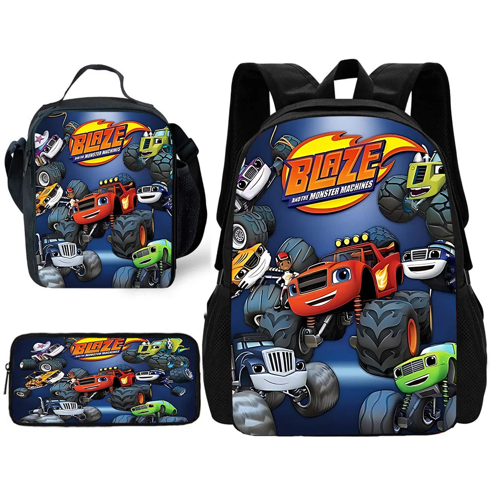 Zaino Scolastico 3D Cartoon Blaze Monster Machines con Borsa Pranzo, Astuccio, Zaino per Bambini e Bambine, Miglior Regalo