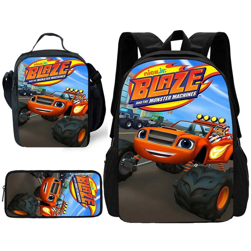 Zaino Scolastico 3D Cartoon Blaze Monster Machines con Borsa Pranzo, Astuccio, Zaino per Bambini e Bambine, Miglior Regalo