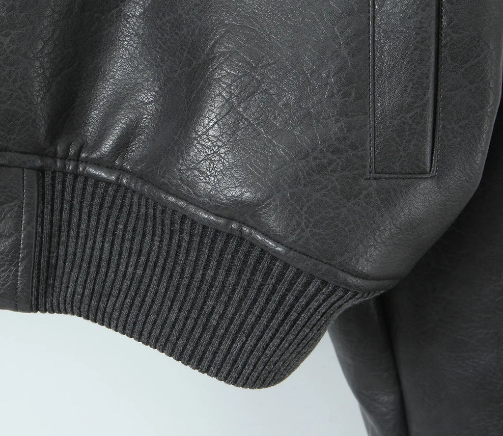 Giacca in Pelle PU Y2K COOL da Donna con Collo a V, Maniche Lunghe, Cerniera, Imbottita, Corta e Larga, Grigia