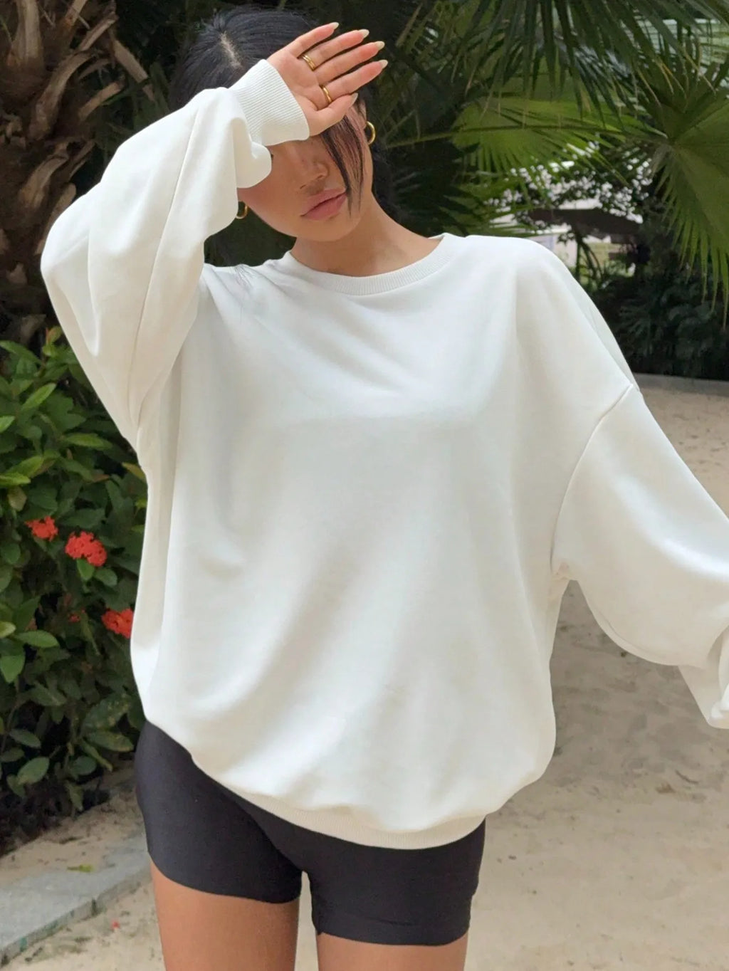 Felpa da Donna Primaverile Bianca Traspirante, Pullover Tinta Unita, Top Casual Ampio per Tutte le Stagioni, Manica Lunga Sottile con Collo Rotondo