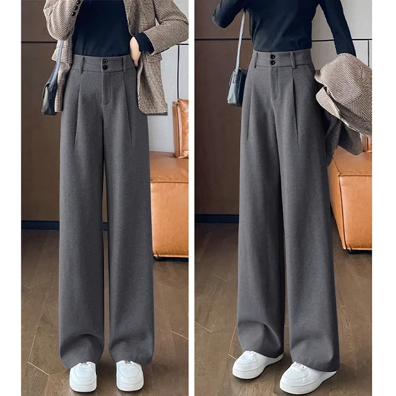 2024 Autunno Inverno Donna Pantaloni di lana concisi Lady Gamba larga Designer Pantaloni esterni Donna Addensare Pantaloni drappeggiati a vita alta