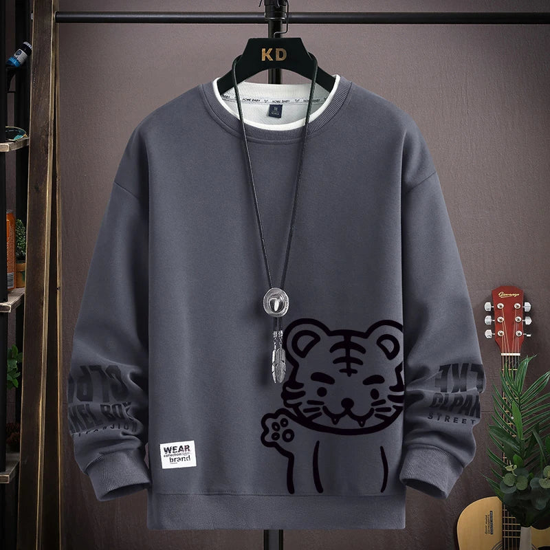 Felpa da uomo Cartoon giapponese Felpe con cappuccio T-shirt a maniche lunghe stampata tigre autunnale Abbigliamento da uomo di moda Cachi O Collo Harajuku Top