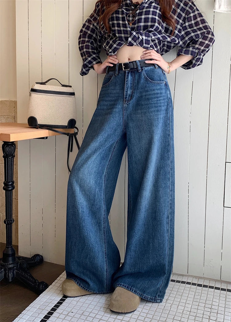Jeans a Vita Alta Stile Americano, Gamba Larga, per Donna, Autunno Inverno, Vestibilità Comoda, Pantaloni Lunghi, Taglio Dritto, Casual, Denim Blu, Effetto Snellente