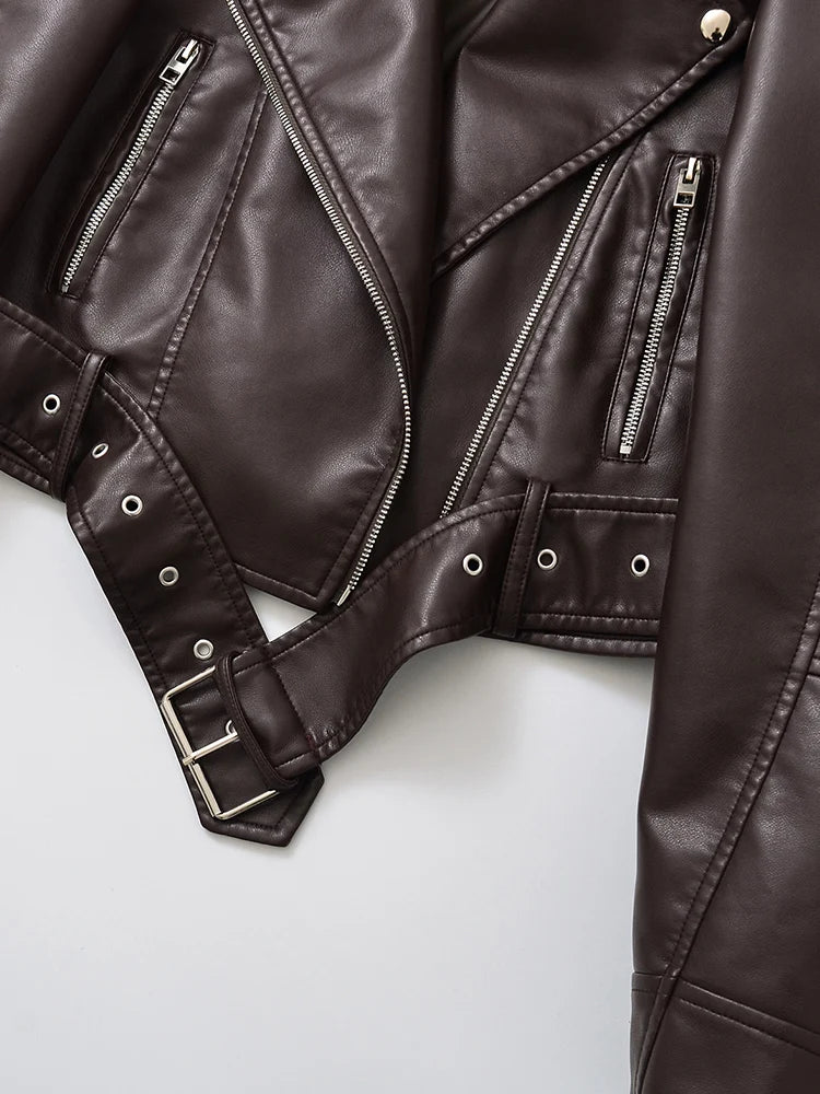 Ailegogo nuova primavera autunno donna vintage cintura allentata giacca in ecopelle streetwear femminile retrò moto biker cappotto capispalla