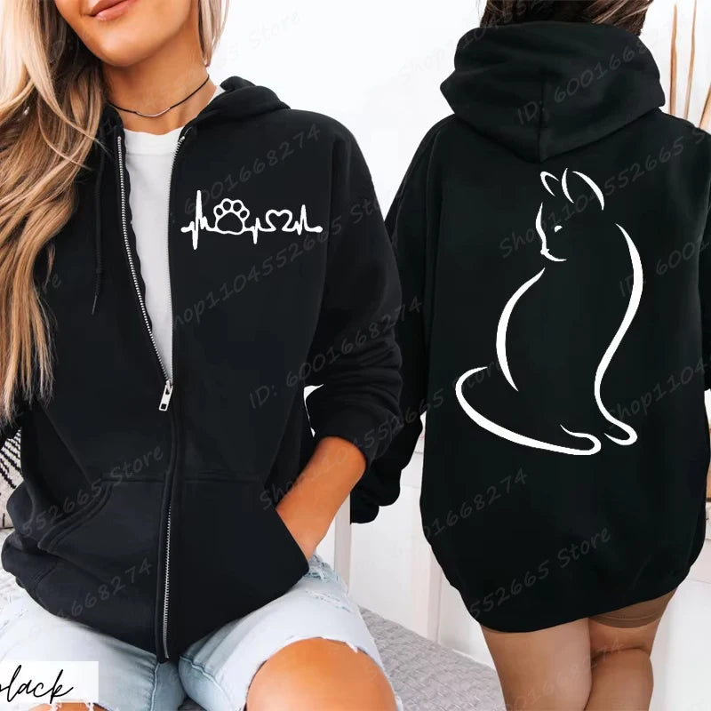 Felpe con cerniera da donna Autunno Inverno New Cute Cat Heatbeat Line Print Felpe con cappuccio Hip Hop Streetwear Donna Zip Up Jacket Cappotto Abbigliamento