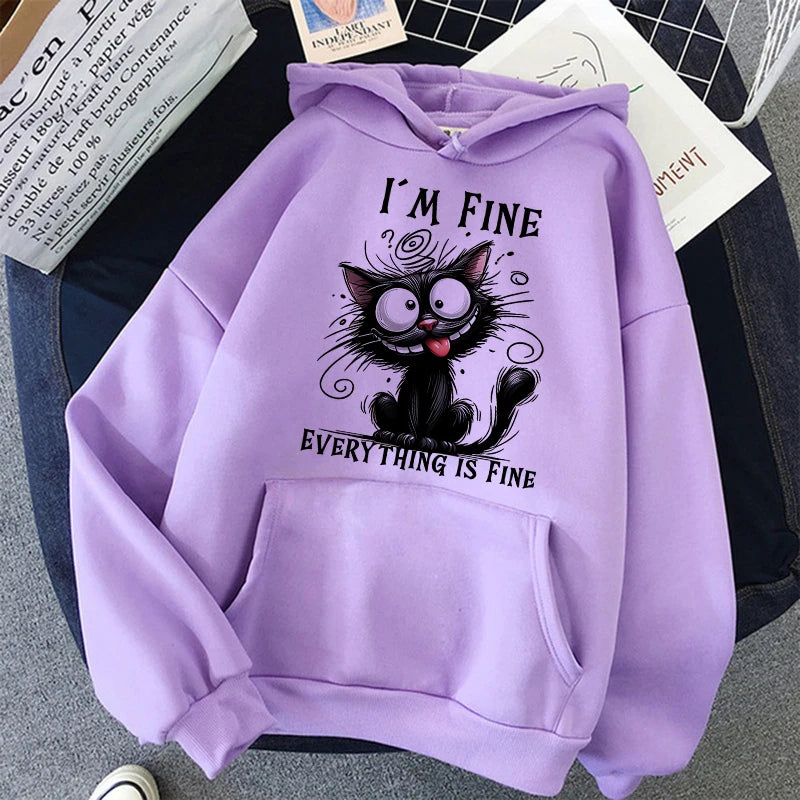 Felpe Y2k vintage da donna Abiti casual con cappuccio Pullover Kawaii Ho bene Tutto è bene Felpe con cappuccio stampate con gatto sarcastico