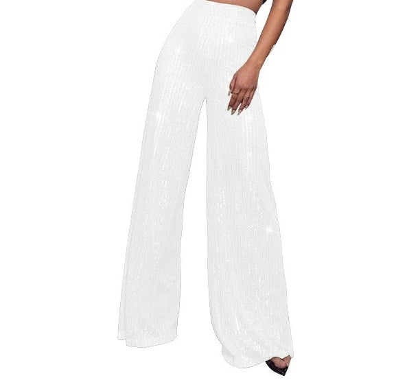 Pantaloni da donna, abbigliamento femminile, vestiti alla moda, pantaloni casual con paillettes, pantaloni eleganti, ampi e fluidi, a gamba larga, hwy5623