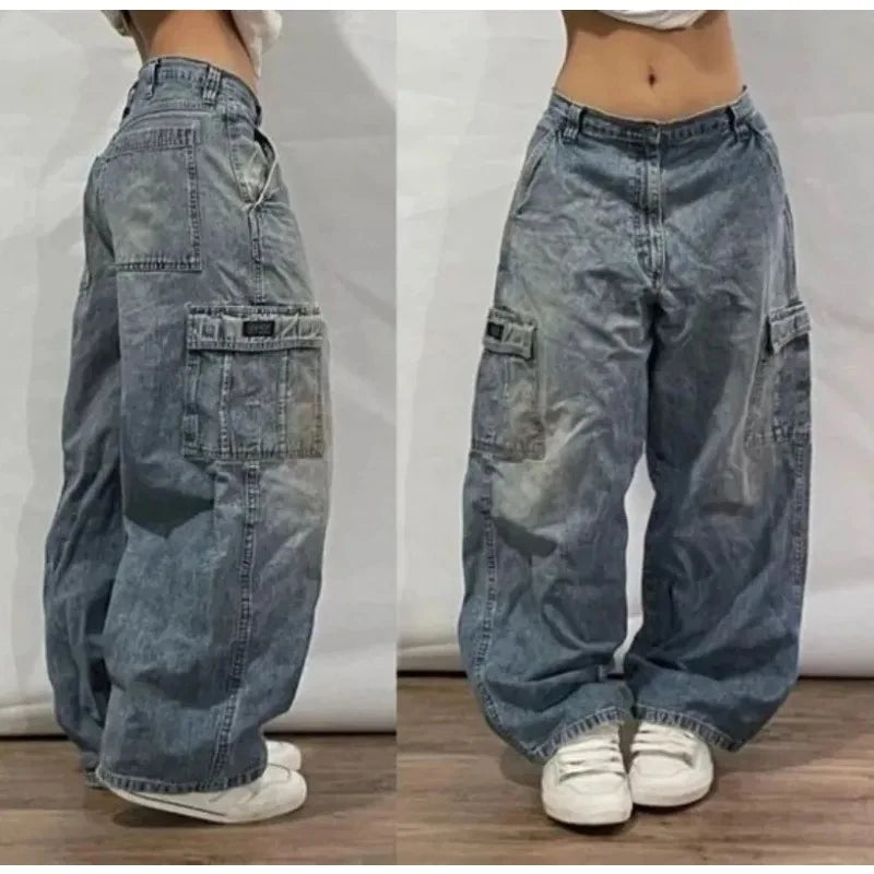 American New Fashion Modello geometrico Jeans larghi ricamati Donna Y2K Harajuku Vintage Hip-hop Pantaloni larghi casual popolari