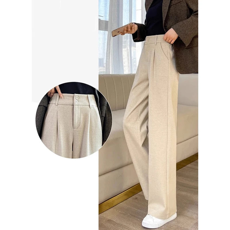 2024 Autunno Inverno Donna Pantaloni di lana concisi Lady Gamba larga Designer Pantaloni esterni Donna Addensare Pantaloni drappeggiati a vita alta