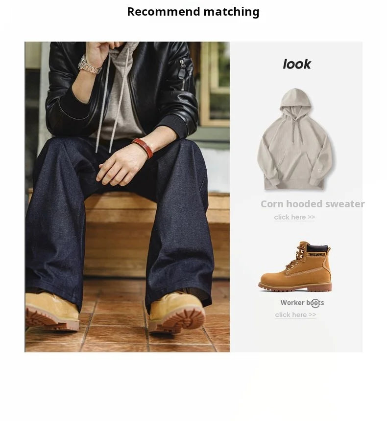 Maden Vintage Jeans da uomo in denim grezzo con cimosa da 15,6 once Pantaloni a gamba larga con cerniera YKK Jeans dritti per l'autunno e l'inverno