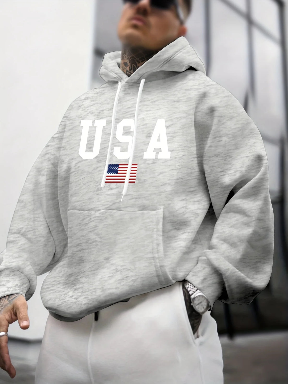 Felpa con Cappuccio da Uomo Autunno-Inverno, Moda Casual, Stampa Grafica Bandiera Americana, Maniche Lunghe, Pullover Caldo