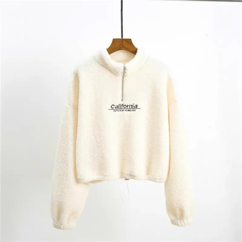 Felpe con cappuccio ritagliate in pile con ricamo a lettera da donna felpe con coulisse a maniche lunghe autunnali nuove magliette Casual in velluto di peluche