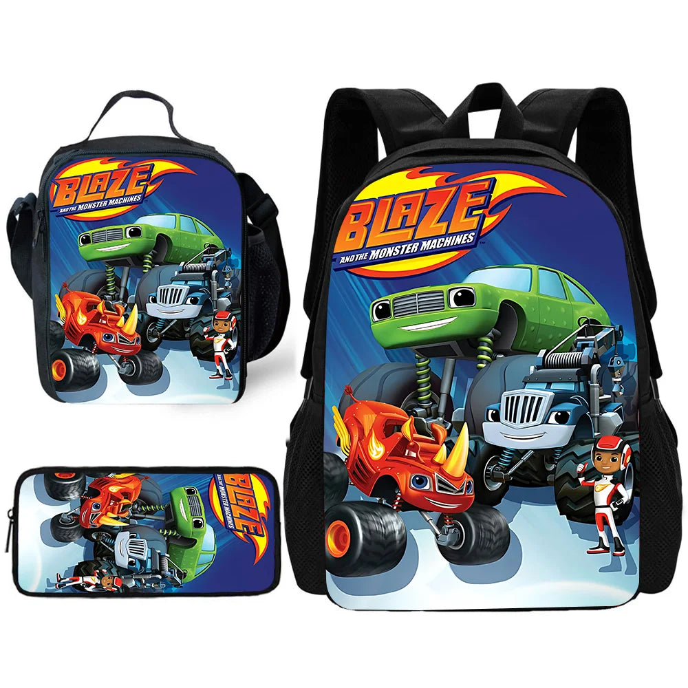 Zaino Scolastico 3D Cartoon Blaze Monster Machines con Borsa Pranzo, Astuccio, Zaino per Bambini e Bambine, Miglior Regalo