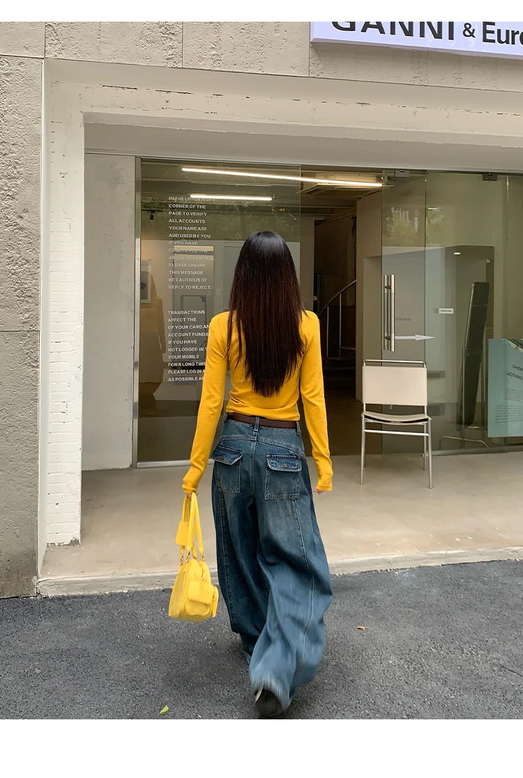 Jeans in denim blu a gamba dritta e vestibilità ampia da donna, pantaloni casual a gamba larga, comodi e rilassanti, stile coreano, per la primavera
