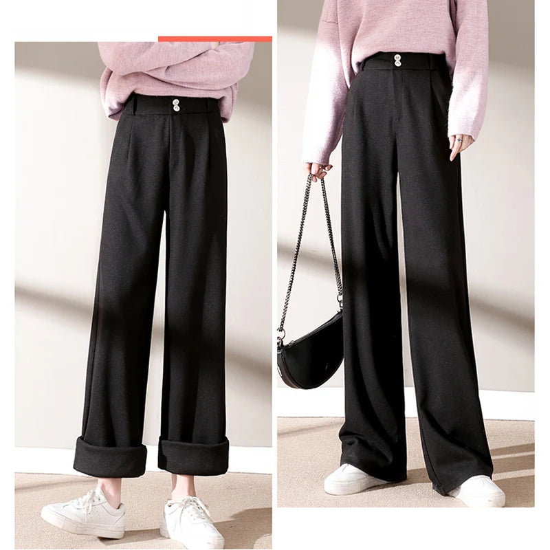2024 Autunno Inverno Donna Pantaloni di lana concisi Lady Gamba larga Designer Pantaloni esterni Donna Addensare Pantaloni drappeggiati a vita alta