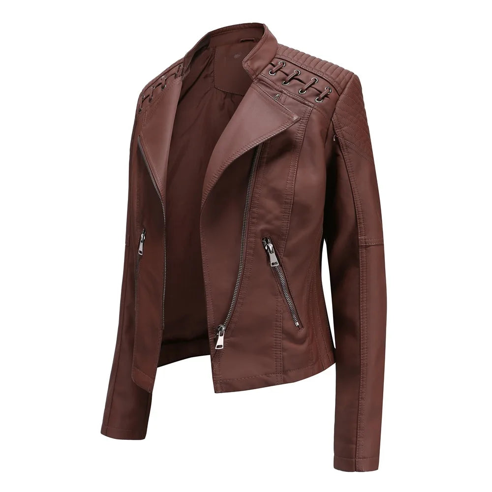 Giacca in Pelle da Donna Primavera/Autunno, Slim Fit, Stile Biker, Cappotto Corto in Ecopelle con Colletto Alto e Cerniera