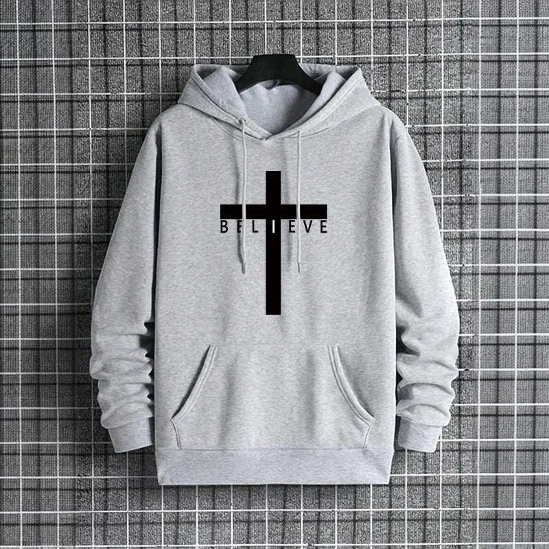 Felpa con Cappuccio da Uomo con Stampa Croce di Gesù, Moda Urbana Casual Streetwear, Trendy Autunno Inverno 2026