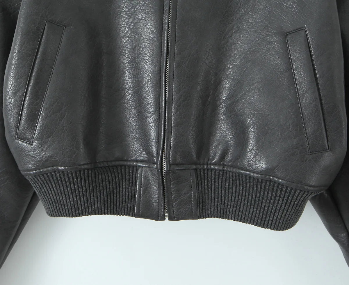 Giacca in Pelle PU Y2K COOL da Donna con Collo a V, Maniche Lunghe, Cerniera, Imbottita, Corta e Larga, Grigia