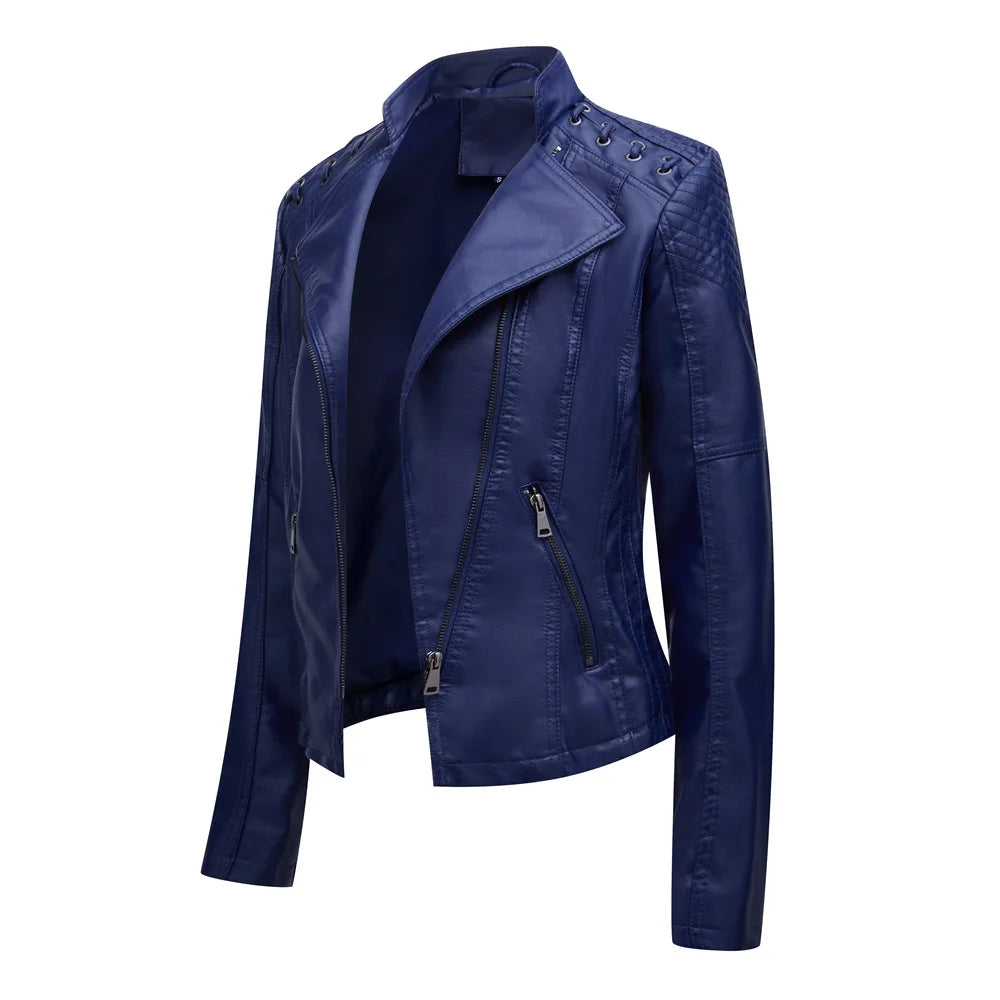 Giacca in Pelle da Donna Primavera/Autunno, Slim Fit, Stile Biker, Cappotto Corto in Ecopelle con Colletto Alto e Cerniera