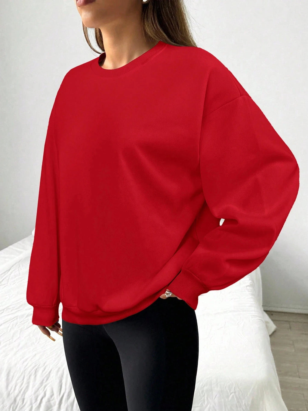 Felpa da donna casual semplice tinta unita ampia a maniche lunghe versione oversize o-collo top basic primavera/autunno streetwear