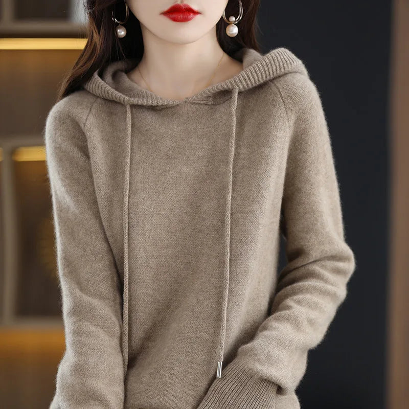 Maglione con cappuccio Moda Donna Autunno Inverno Manica lunga Tinta unita Felpe con cappuccio lavorate a maglia Lady Felpa con cappuccio pullover casual con coulisse allentata