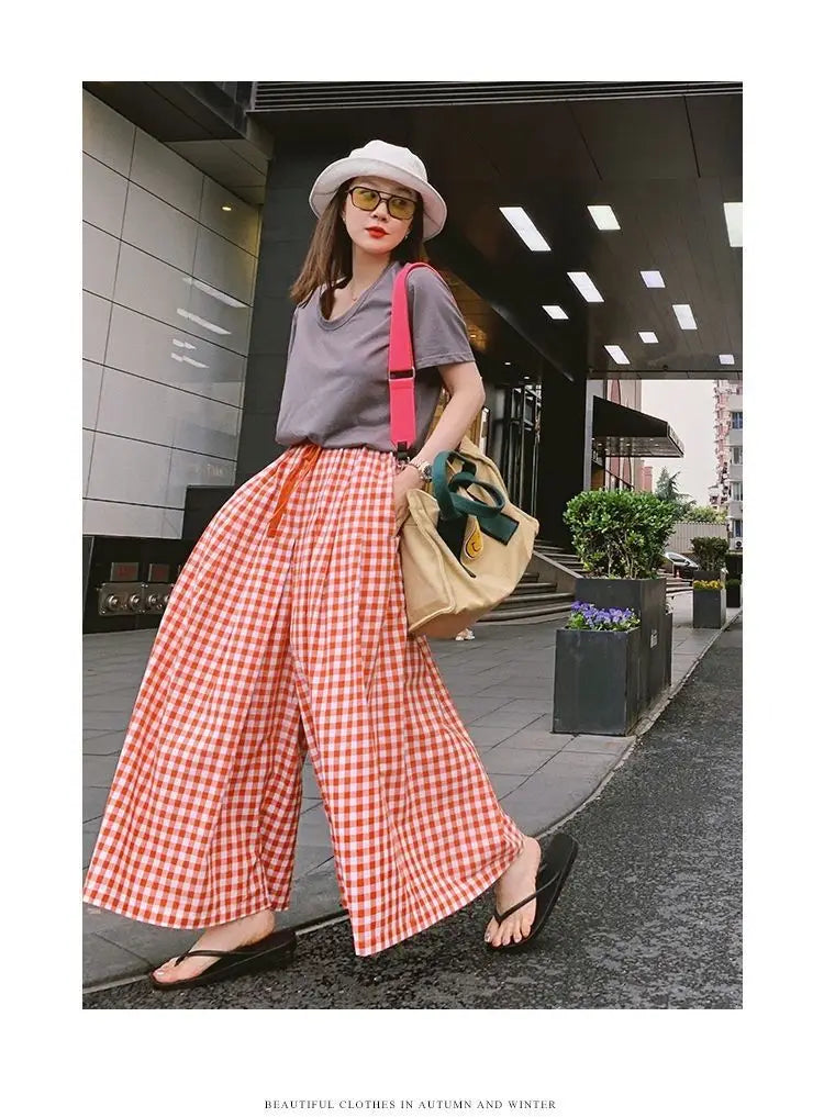 Pantaloni scozzesi a gamba larga da donna Pantaloni larghi stile coreano con pannelli Pantaloni streetwear Pantalones Abbigliamento estivo A-line Adolescenti College