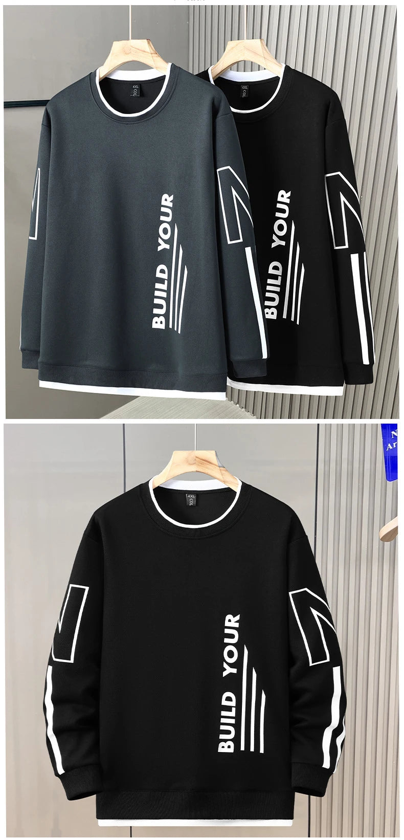 12XL Plus Size Felpe da uomo Primavera Autunno Falso design in due pezzi Felpa Moda Casual O-Collo Pullover Maschile Big Size 12XL