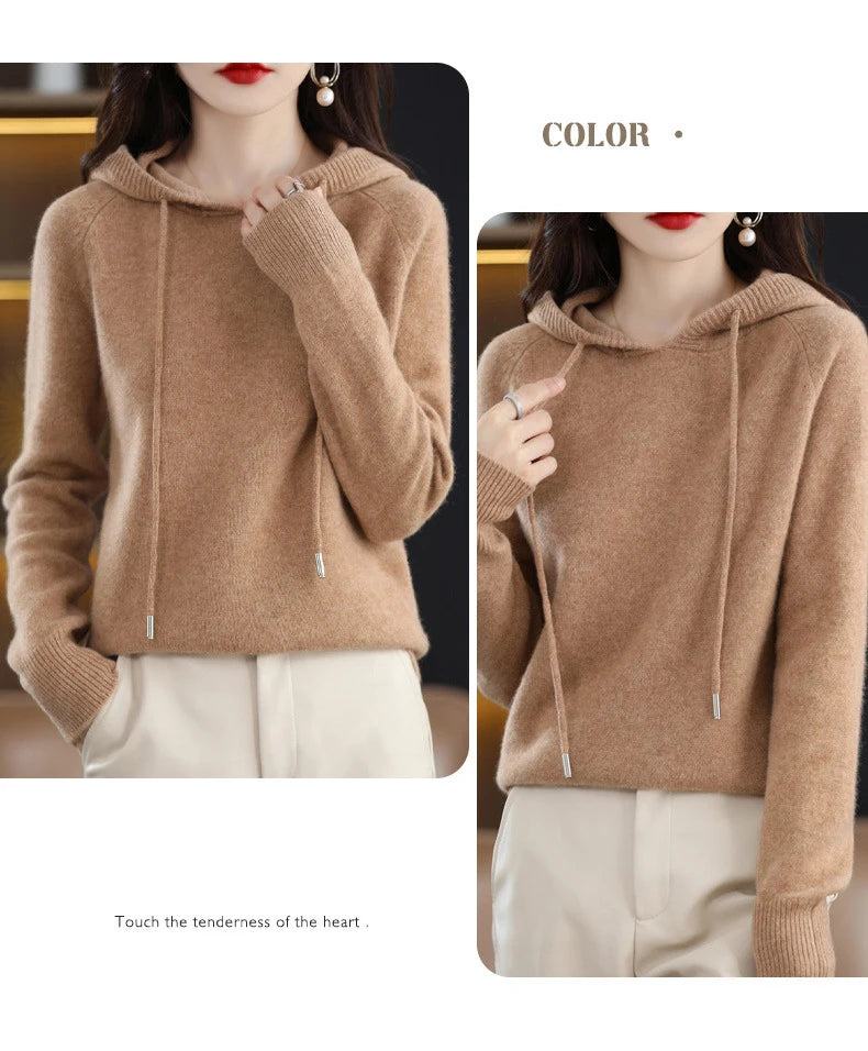 Maglione con cappuccio Moda Donna Autunno Inverno Manica lunga Tinta unita Felpe con cappuccio lavorate a maglia Lady Felpa con cappuccio pullover casual con coulisse allentata