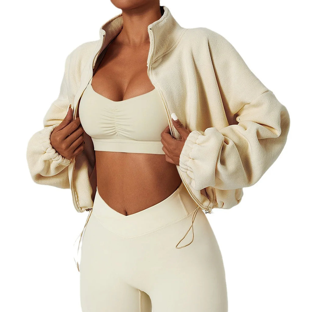 Felpa con cappuccio da donna in pile polare con zip, vestibilità ampia, top corto atletico con colletto rialzato, fori per i pollici e orlo con coulisse per l'autunno inverno