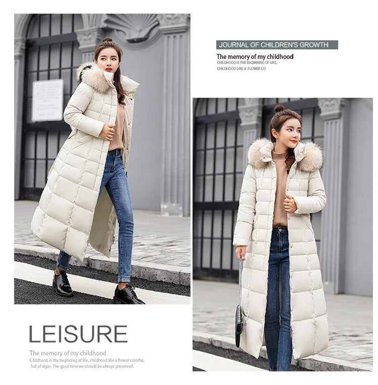 Cappotto Parka lungo in cotone piumino femminile nuovo inverno sopra il ginocchio ampio collo in pelliccia con cappuccio caldo parka spesso soprabito imbottito da donna