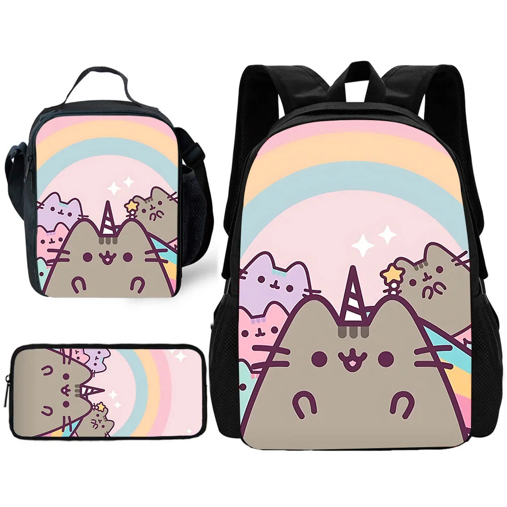 Zaino per bambini con gatti Kawaii Pusheens per la scuola con borse per il pranzo, borse per matite, borse per la scuola per ragazzi e ragazze, miglior regalo