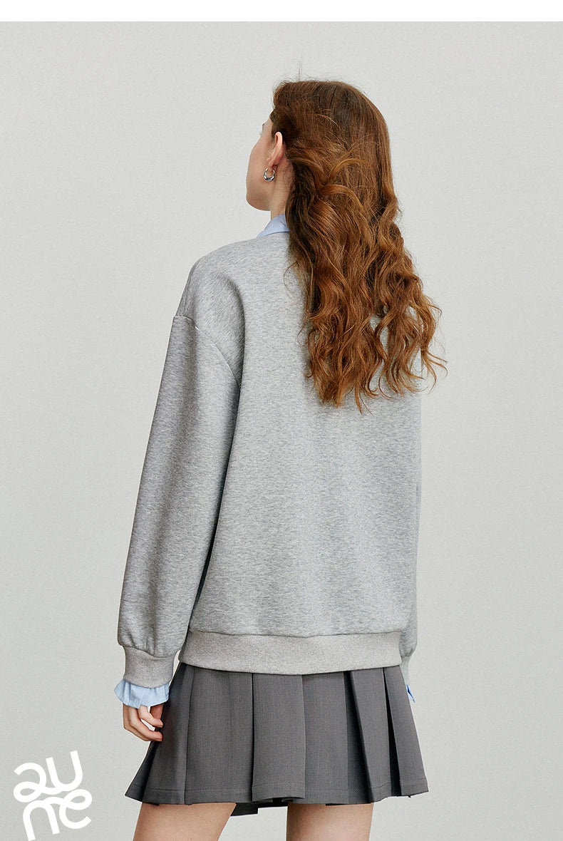 TOYOUTH Felpa da donna 2025 Autunno Nuovo Denim Fiore Ricamo Falso in due pezzi Splicing Colletto rovesciato Pullover casual in cotone