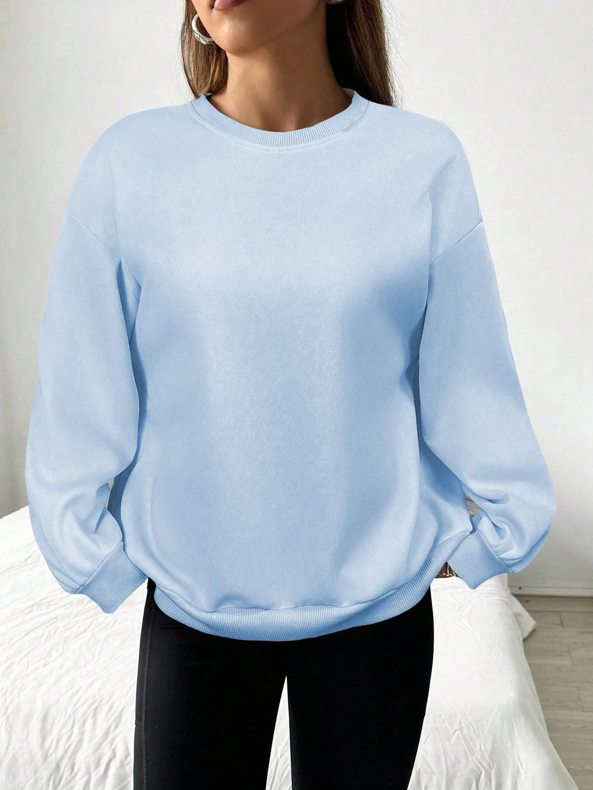 Felpa da donna casual semplice tinta unita ampia a maniche lunghe versione oversize o-collo top basic primavera/autunno streetwear